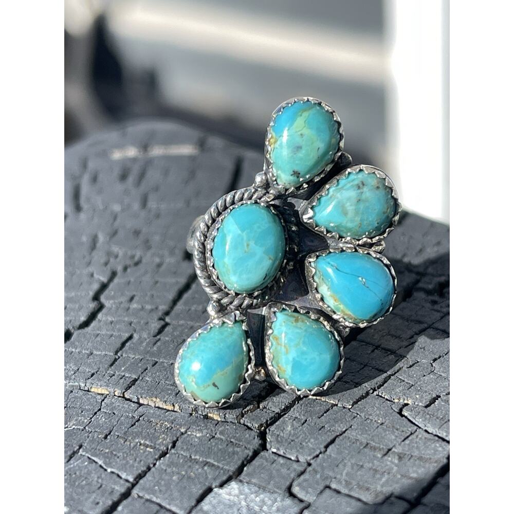 Sterling Silver NATIVE Style Turquoise Cluster Ring Size 7 Large SW Statement - Picture 2 of 11
